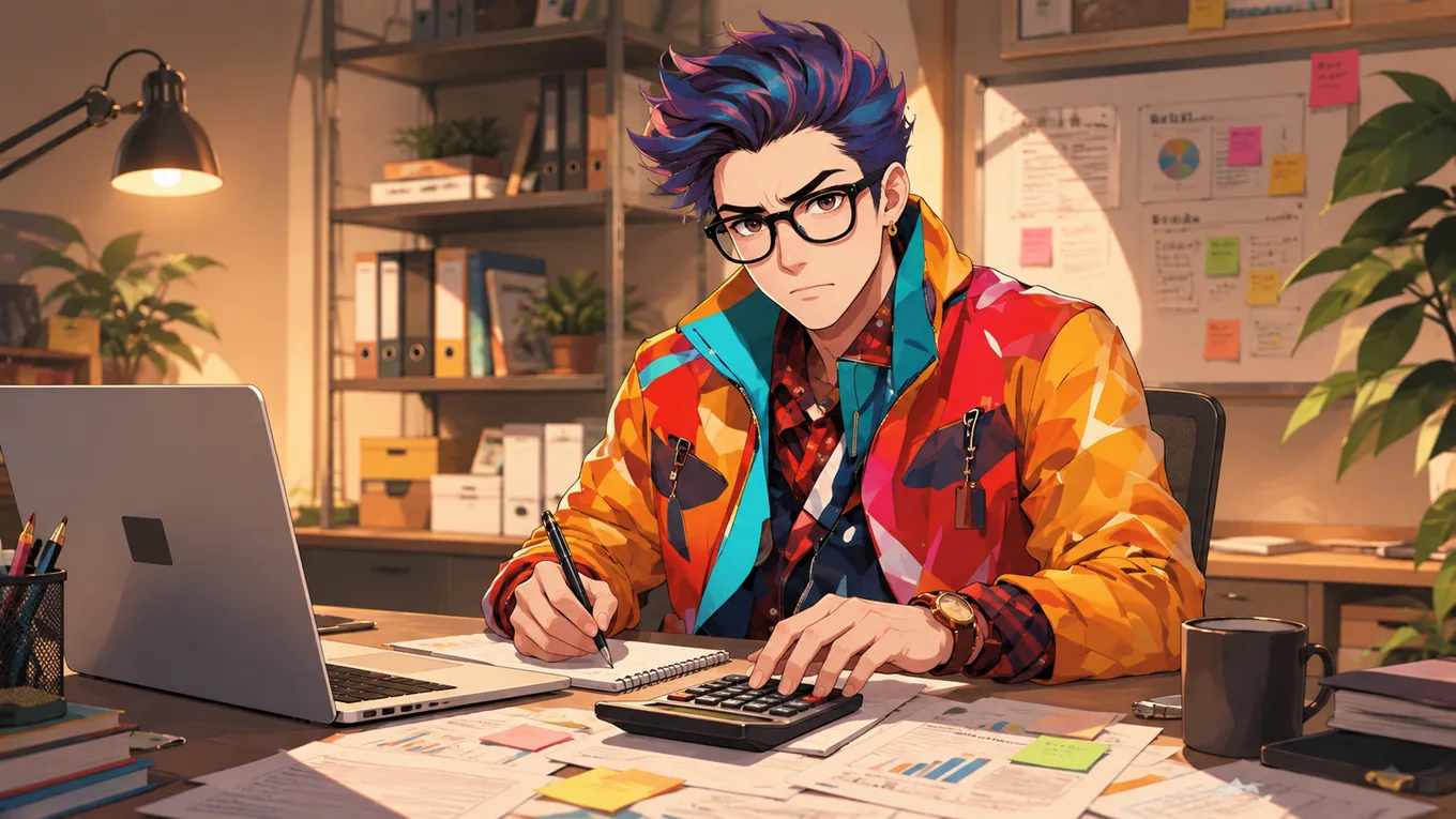 デスクで電卓とノートPCを使い原価計算をしているキャラクターのイラスト