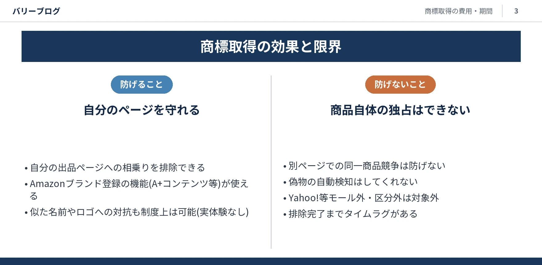 防げること(相乗り排除・ブランド登録特典)と防げないこと(価格競争・偽物自動検知なし・モール外/区分外・タイムラグ)の対比を示したスライド画像