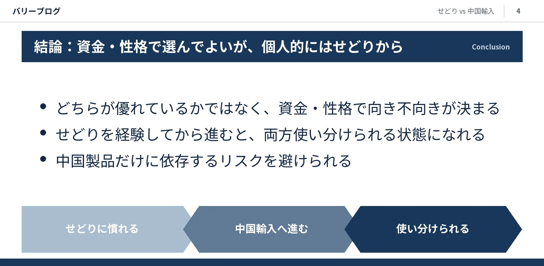 資金・性格で向き不向きが決まるという結論と、せどりに慣れる→中国輸入へ進む→使い分けられるという推奨フローを示したスライド画像